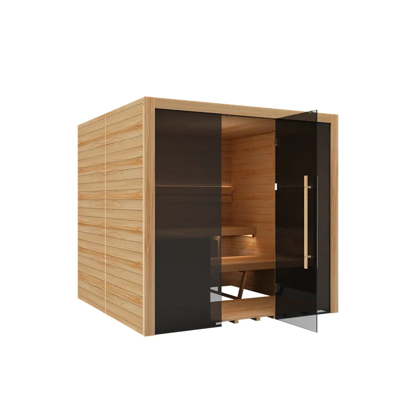 Hekla Traditional 210X Innensauna mit Holzrahmen, schwarzer Glastür und Holzbank für 5 Personen