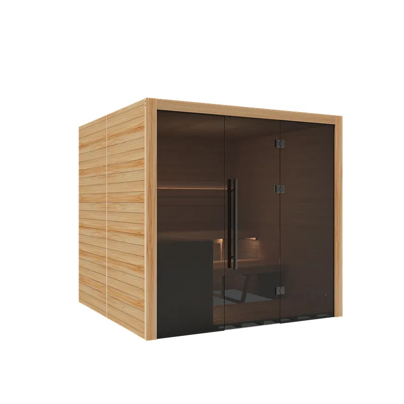 Hekla Traditional 210X Innensauna mit Holzrahmen und dunklem Glas, 210x200 cm für 5 Personen