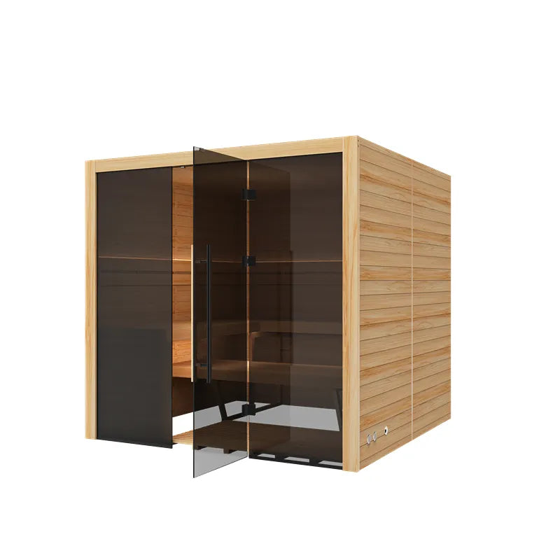 Hekla Traditional 210X Innensauna 210x200 mit offener Glastür, Holzrahmen und Sitzbank für 5 Personen