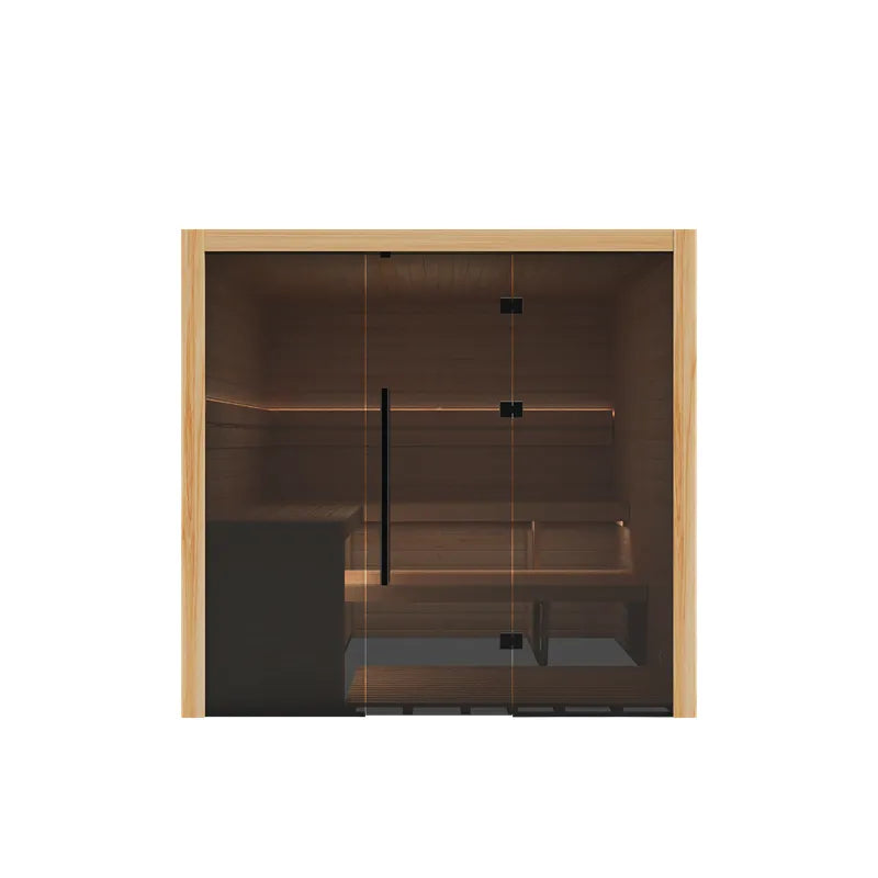 Hekla Traditional 210X Innensauna mit Holzrahmen, dunklem Innenraum und Glastür für 5 Personen