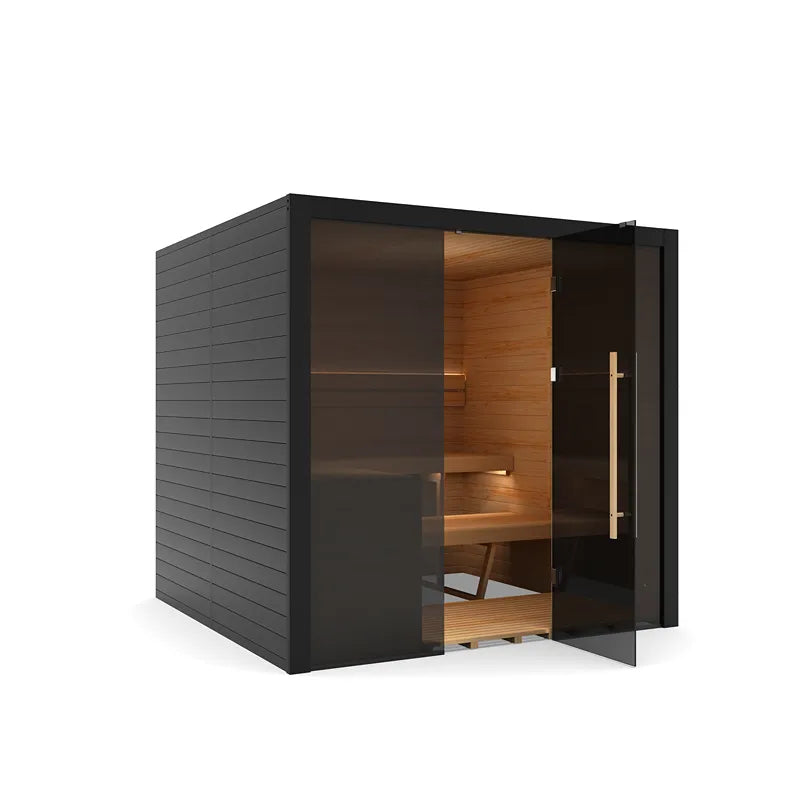 Hekla Traditional 210X Innensauna 210x200 für 5 Personen mit schwarzem Außenrahmen und Holzinnenausstattung