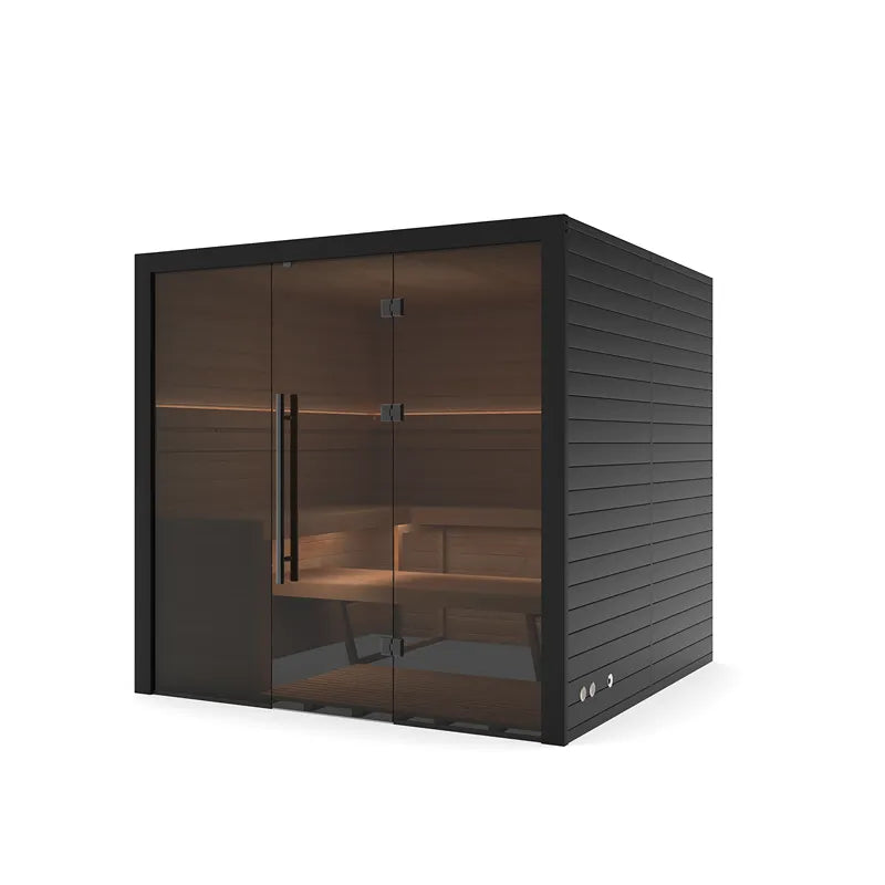 Hekla Traditional 210X Innensauna 210x200 mit schwarzem Rahmen, Glastüren und Holzinnenausstattung für 5 Personen