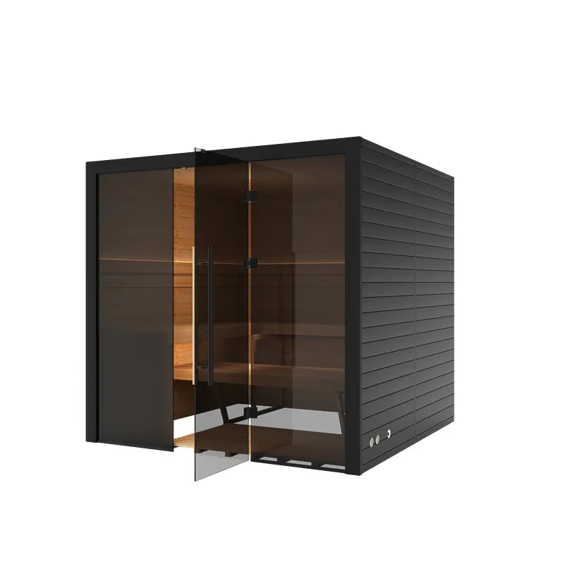 Hekla Traditional 210X Innensauna 210x200 mit schwarzem Holzrahmen, Glastüren und Holzbänken für 5 Personen