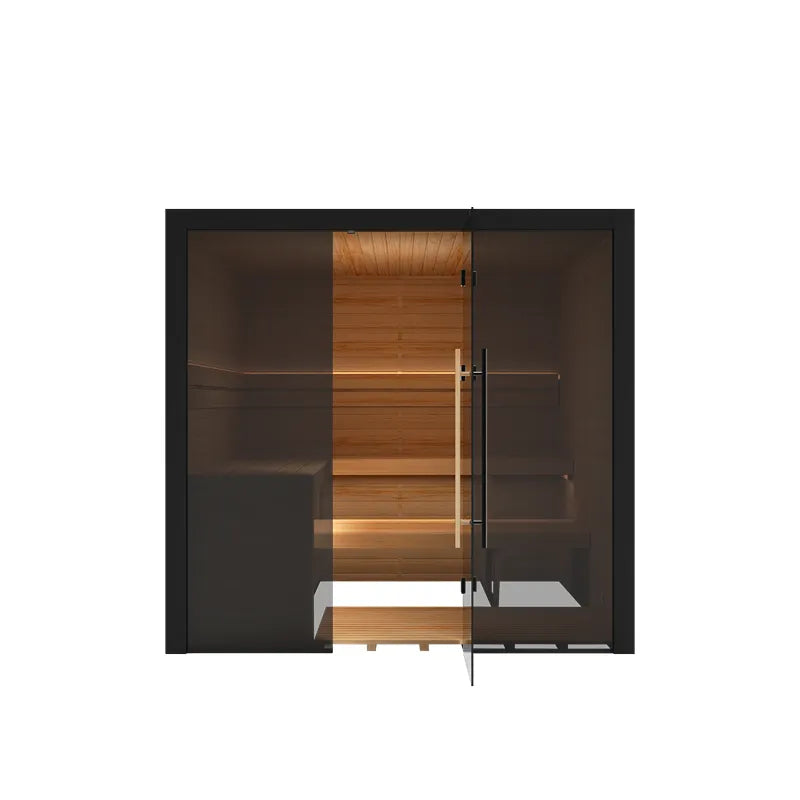 Hekla Traditional 210X Innensauna mit Holzinnenraum, schwarzem Rahmen, Glastür für 5 Personen