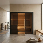 Hekla Traditional 210X Innensauna von Hekla mit Holzinnenraum und schwarzem Rahmen in modernem Wellness-Badezimmer, 210x200 cm für 5 Personen