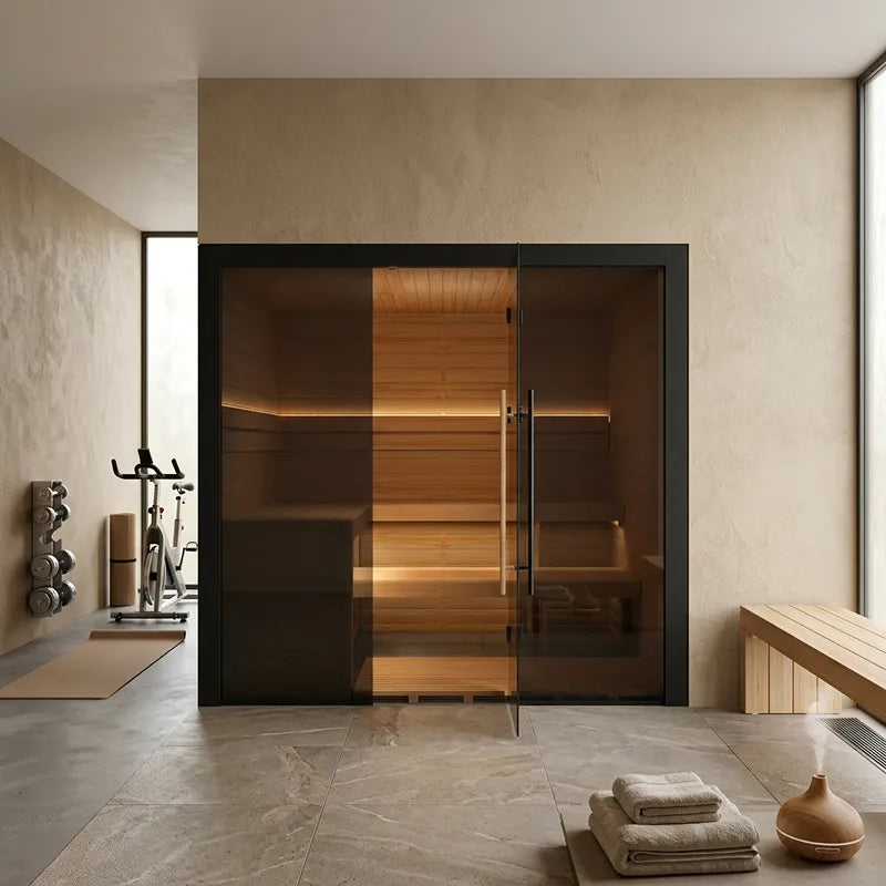 Hekla Traditional 210X Innensauna von Hekla mit Holzinnenraum und schwarzem Rahmen in modernem Wellness-Badezimmer, 210x200 cm für 5 Personen