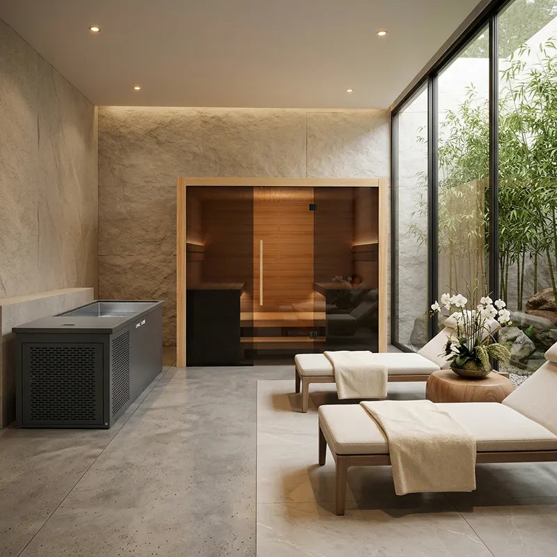 Hekla Traditional 210X Innensauna mit Holzfront in modernem Wellness-Raum, 210x200 für 5 Personen