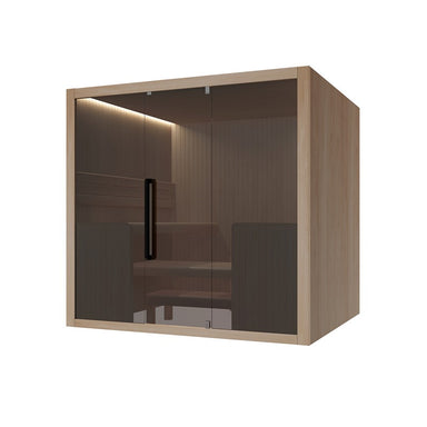 Freisteller der Hekla Traditional 220 – kompakte Sauna mit getönter Glasfront und minimalistischem Design.