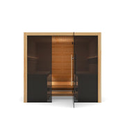 Hekla Traditional 220 Innensauna mit Holzrahmen, schwarzen Glastüren und Holzinnenraum für 6 Personen