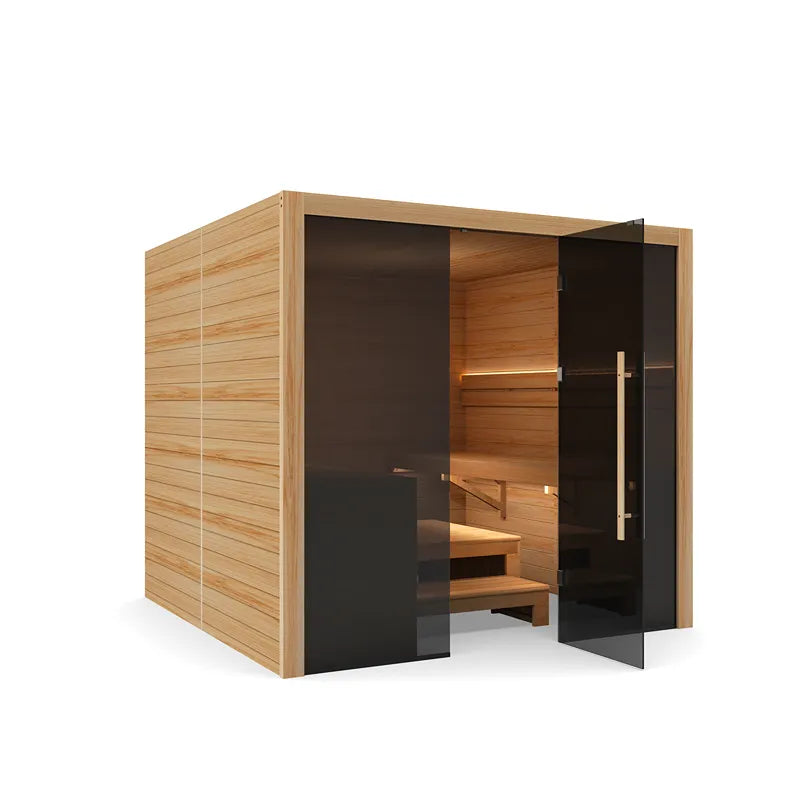 Hekla Traditional 220 Innensauna mit Holzverkleidung, schwarzer Glastür und Innenseite mit Holzbänken für 6 Personen