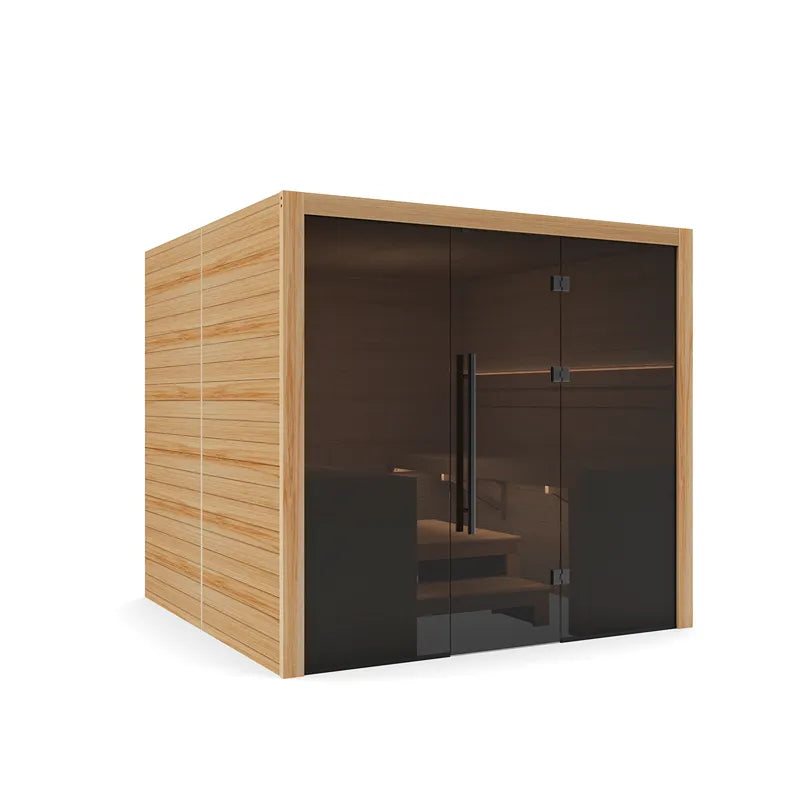 Hekla Traditional 220 Innensauna mit Holzrahmen und dunkler Glastür, 220x210 cm für 6 Personen