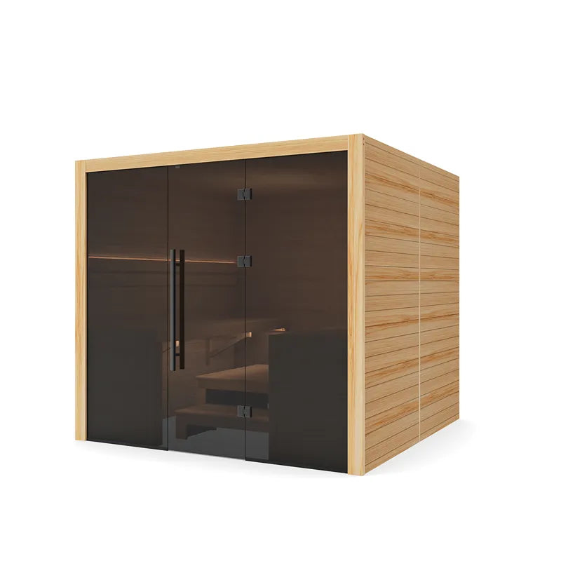 Hekla Traditional 220 Innensauna aus Holz mit schwarzem Glaselement und Bänken für 6 Personen