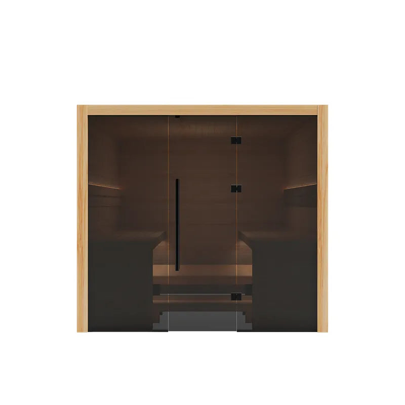 Hekla Traditional 220 Innensauna mit Glastür, Holzrahmen und dunklem Innenraum für 6 Personen