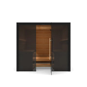 Hekla Traditional 220 Innensauna mit schwarzem Rahmen, Glastüren und Holzinnenausstattung, 220x210 cm für 6 Personen