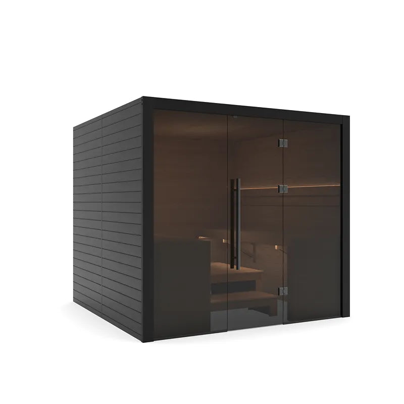 Hekla Traditional 220 Innensauna 220x210 mit schwarzem Holzrahmen und getönter Glastür für 6 Personen