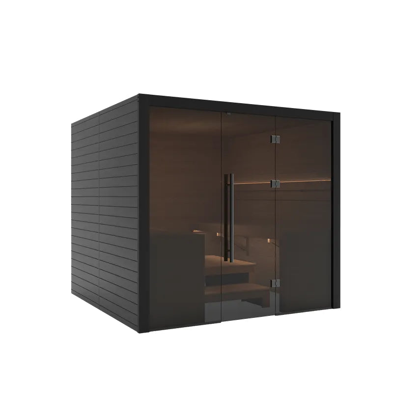 Hekla Traditional 220 Innensauna mit schwarzem Holzrahmen, Glastür und dunklem Innenraum für 6 Personen