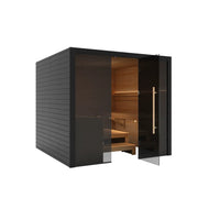 Hekla Traditional 220 Innensauna mit schwarzem Holzrahmen, Glastür und Holzbänken für 6 Personen