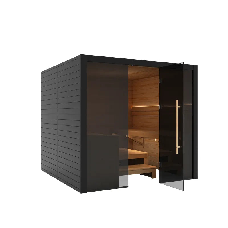 Hekla Traditional 220 Innensauna mit schwarzem Holzrahmen, Glastür und Holzbänken für 6 Personen