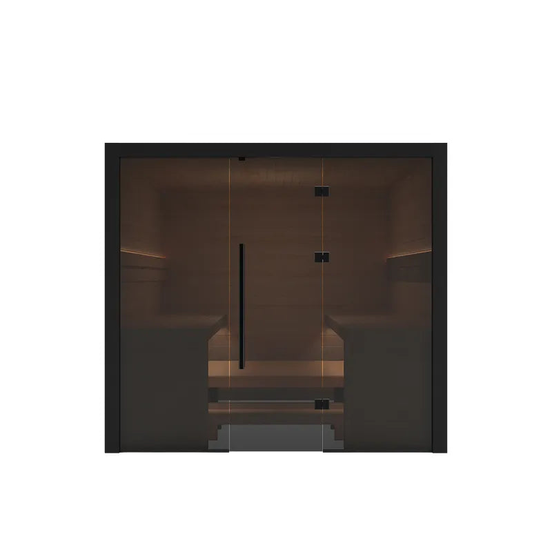 Hekla Traditional 220 Innensauna für 6 Personen mit schwarzem Rahmen und Glastür, Maße 220x210 cm