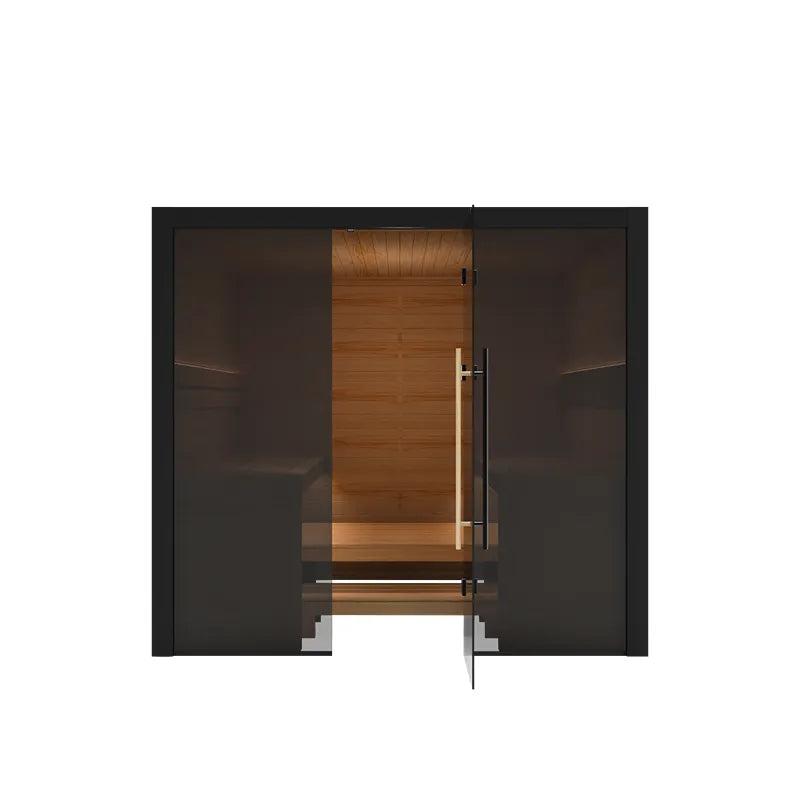 Hekla Traditional 220 Innensauna mit Holzinnenraum, schwarzem Rahmen, 220x210cm für 6 Personen