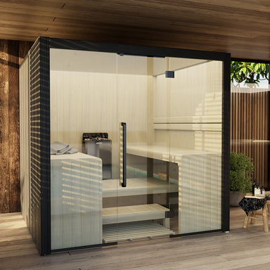 Hekla Traditional 220 Massivholzsauna mit heller Innenverkleidung und hochwertigem Finish