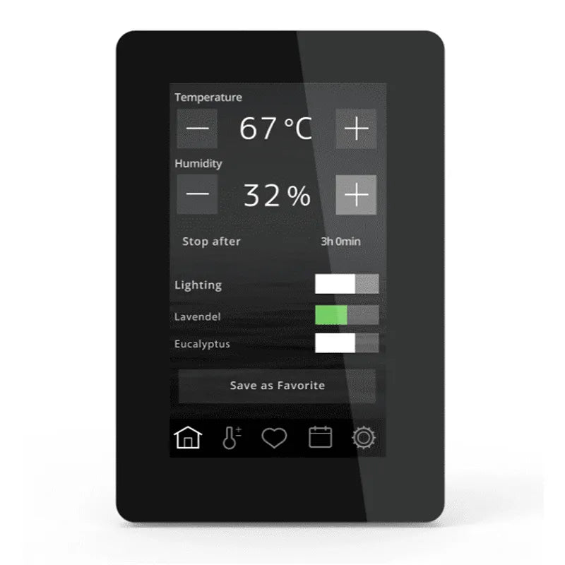 Helo CUP D Elektro-Wandofen Steuerung mit Touchdisplay: Temperatur 67°C, Luftfeuchte 32%, Aroma-Funktionen