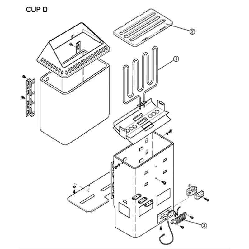 Helo CUP D Elektro-Wandofen Explosionszeichnung mit Komponenten und externer Steuerung