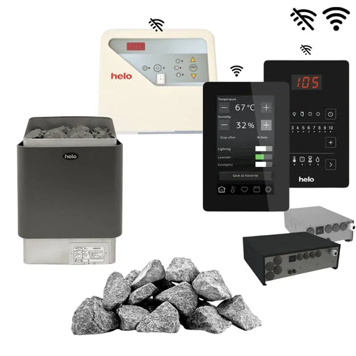 Helo CUP D Saunaofen Komplettset mit grauem Elektrowandofen, Saunasteine, Steuerungsbox und digitale Fernbedienung mit WiFi-Funktion
