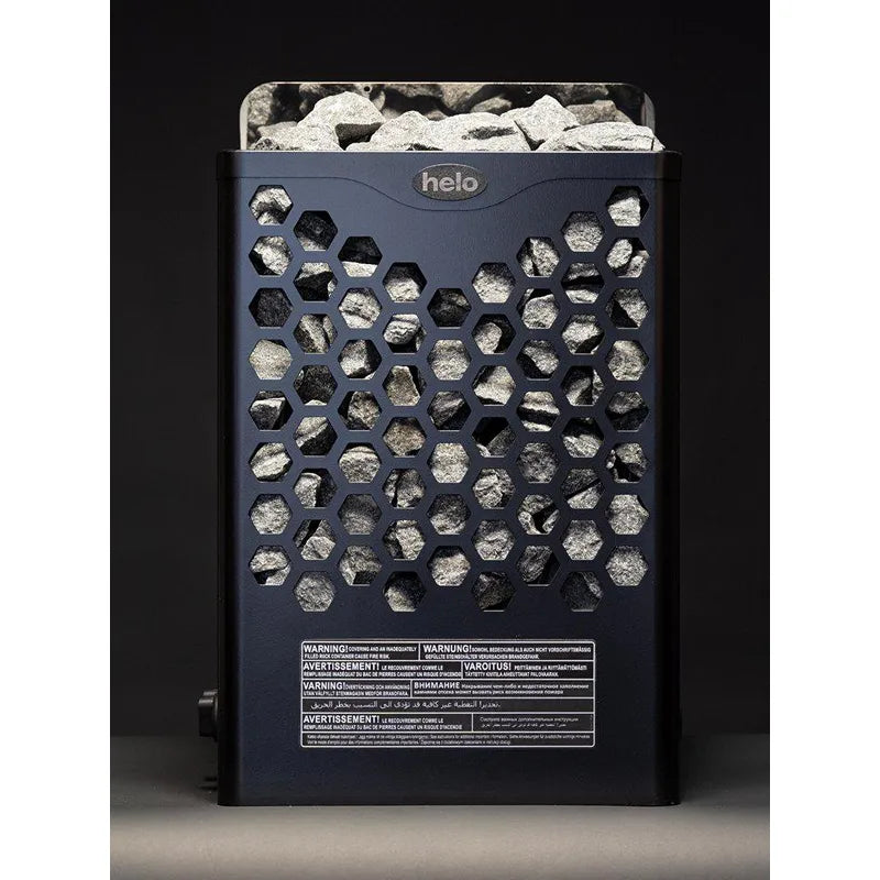 Helo Hanko STJ Elektro-Wandofen mit Saunasteine und hexagonalen Lüftungslöchern, schwarzes Design mit integrierter Steuerung