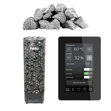 Helo Himalaya Elite Sauna-Komplettset mit Saunaofen, Natursteinen und WLAN-fähiger Elite-Touch-Steuerung