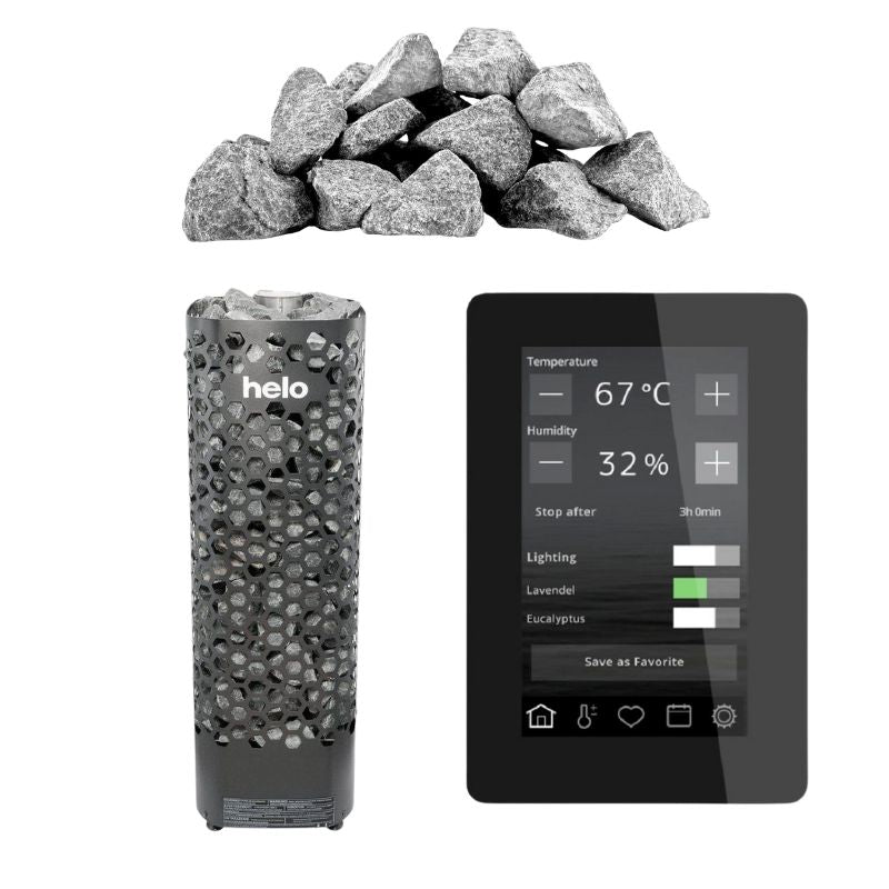 Helo Himalaya Elite Sauna-Komplettset mit Saunaofen, Natursteinen und WLAN-fähiger Elite-Touch-Steuerung