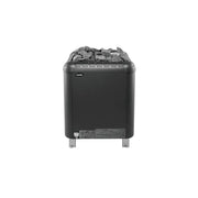 Helo Laava Elektrosaunaofen Standofen mit schwarzem Gehäuse, Saunasteine oben, Metallfüße