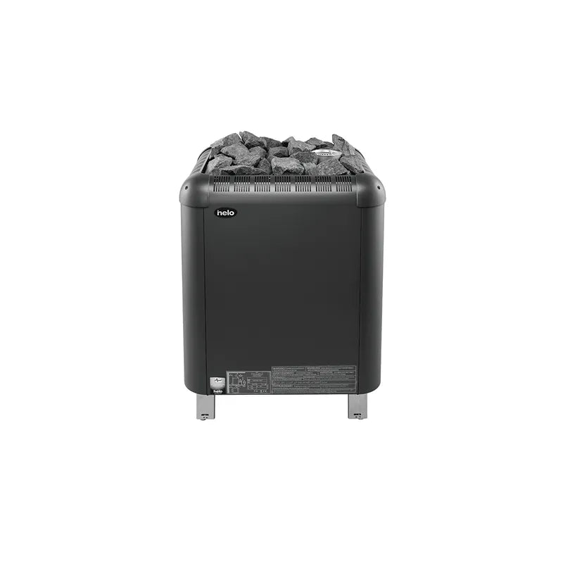 Helo Laava Elektrosaunaofen Standofen mit schwarzem Gehäuse, Saunasteine oben, Metallfüße