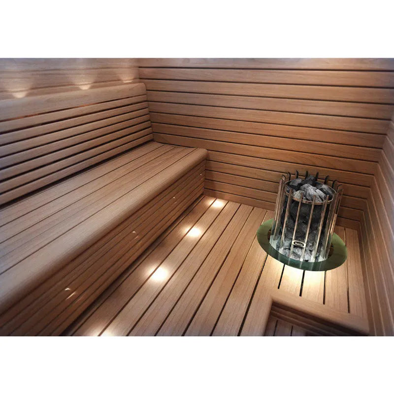 Innensicht einer modernen Sauna mit Holzaufbau, Helo Saunaofen Rocher 70 auf Holzboden mit Steinen und LED-Beleuchtung