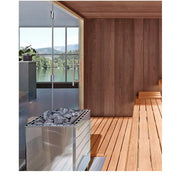 Elektrischer Saunaofen Helo SKLA in moderner Sauna mit Seeblick – stilvolles Edelstahlgehäuse für private und gewerbliche Nutzung