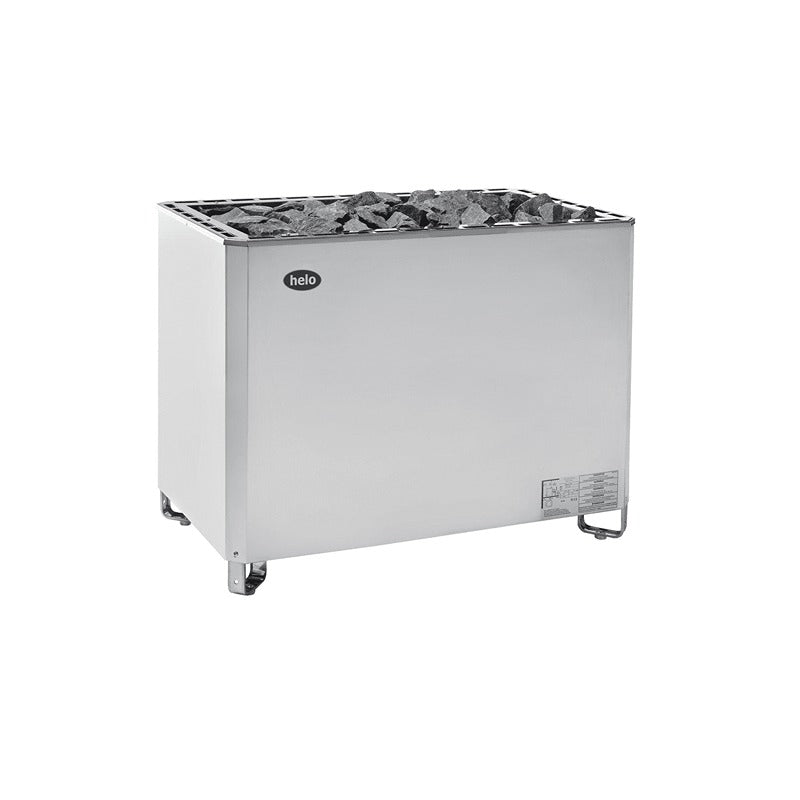 Freistehender Helo SKLA Saunaofen aus Edelstahl mit großzügigem Steinraum – klare Linien für anspruchsvolle Saunaprojekte