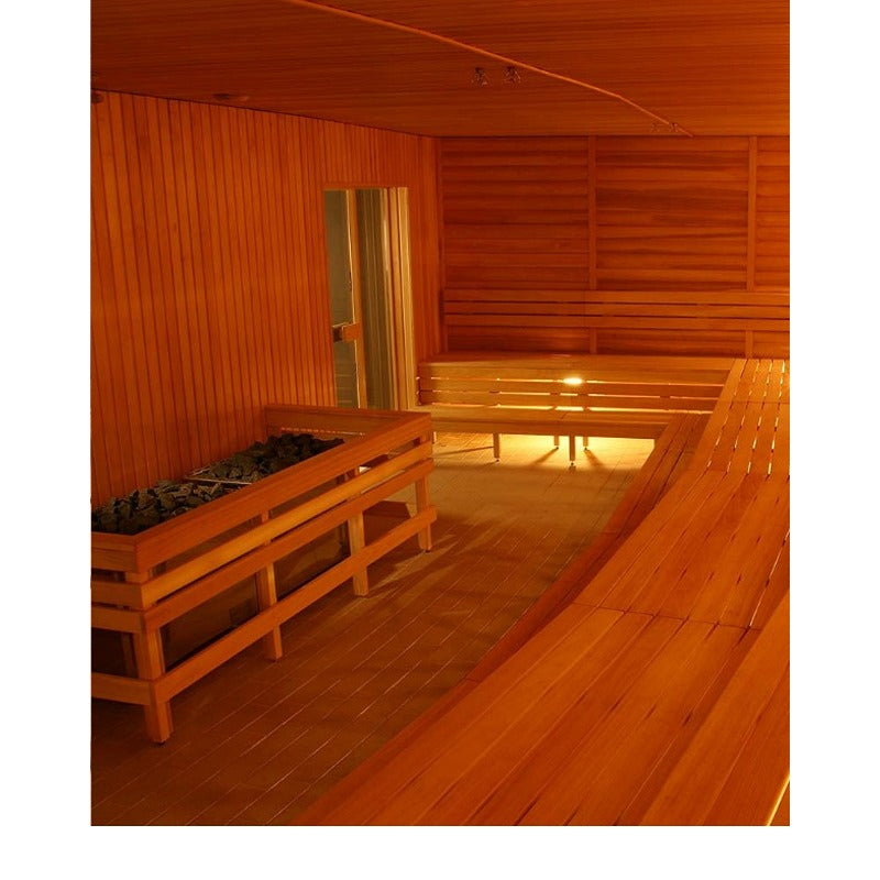 Eingelassener Helo SKLA Saunaofen in professioneller Großraumsauna mit warmem Holzambiente – ideal für Wellnesszentren und Hotels