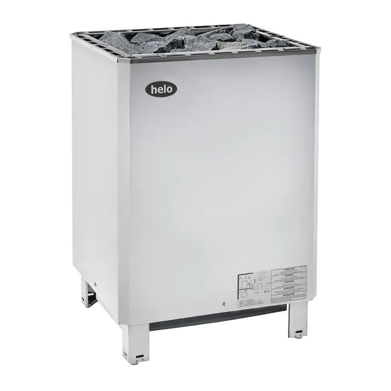 Helo SKLE Elektrosaunaofen freistehend 9–15 kW mit weißem Gehäuse und Saunasteine oben