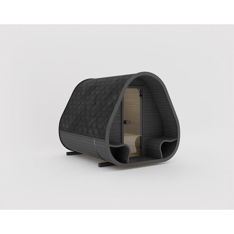 Herkus Large Outdoor-Gartensauna in anthrazitfarbenem Holz mit schwarzem Schindeldach, integriertem Vorraum und Glastür.