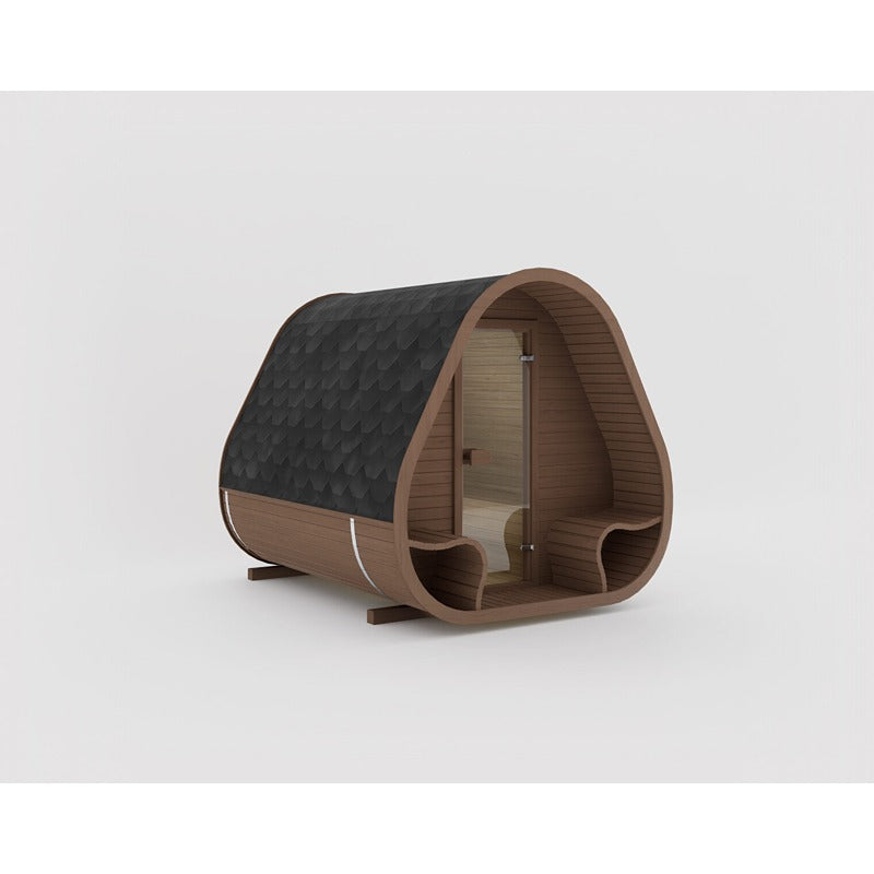 Herkus Large Outdoor-Gartensauna in brauner Holzoptik mit schwarzem Schindeldach, integriertem Vorraum und Glastür.