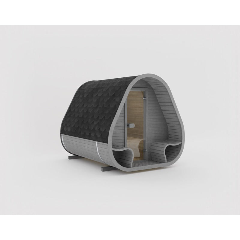 Alt-Text: Herkus Large Outdoor-Gartensauna in moderner Tropfenform, graues Holz mit schwarzem Schindeldach, integriertem Vorraum und Glastür.