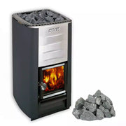 Harvia M3 Holzsaunaofen mit sichtbarem Feuer, weißem Steinkorb gefüllt mit Saunasteinen und separat abgebildeten Granit-Saunasteinen