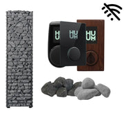 Huum Cliff elektronischer Saunaofen mit Steinen, Bedienfeld und Holzverkleidung in verschiedenen Designvarianten