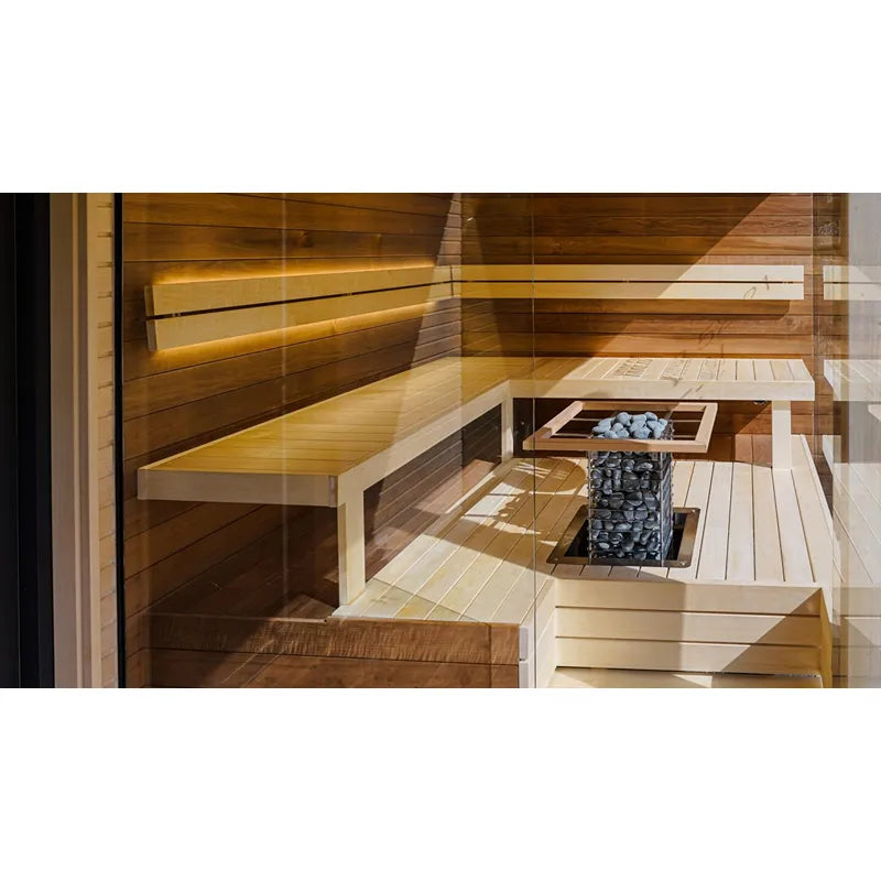 Huum Cliff elektronischer Saunaofen Standofen mit LED-Beleuchtung, Holzbänken und Saunasteine in moderner Saunaraum-Einrichtung