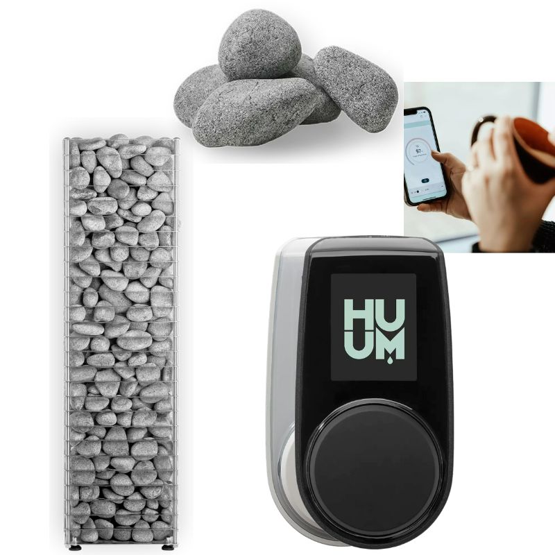 HUUM CLIFF Komplettset mit schmalem Edelstahl-Saunaofen, 75 kg Saunasteinen und UKU WLAN-Saunasteuerung zur App-Bedienung.
