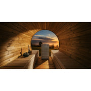 Huum Core Black Saunaofen Standofen in moderner Holzsauna mit Panoramafenster und Bergblick