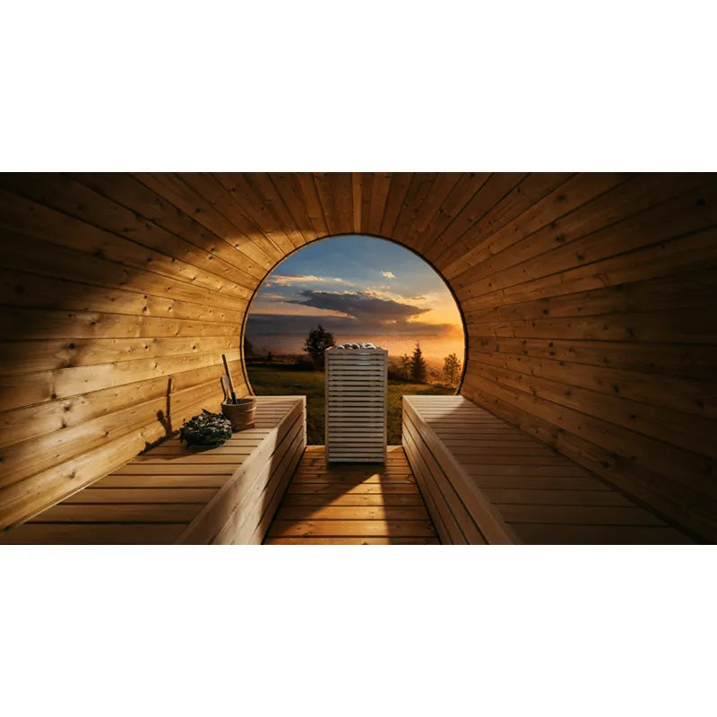 Huum Core Black Saunaofen Standofen in moderner Holzsauna mit Panoramafenster und Bergblick