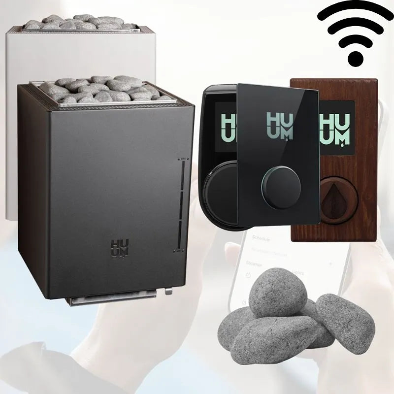 Huum Core Wall Combi Wandofen mit Saunasteinen, Touchdisplays in verschiedenen Ausführungen und Steinen