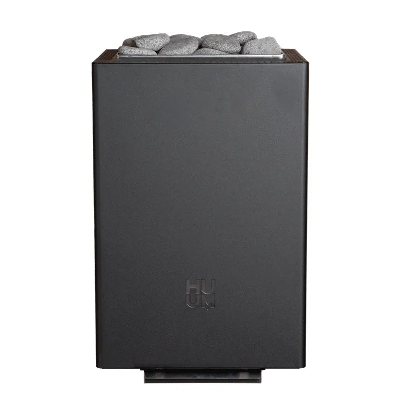Huum Core Wall Mini Combi 3,6 kW Wandofen elektrischer Saunaofen mit Saunasteinen auf weißem Hintergrund