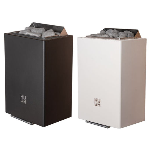 HUUM Core Wall elektrischer Saunaofen in Schwarz und Weiß nebeneinander mit Sauna-Steinen
